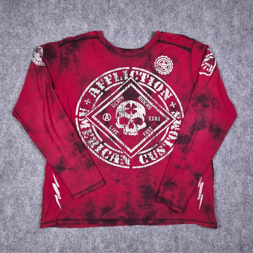 Affliction Long Sleeve Shirt Mens 2XL Red Tie Dye American Customs Biker Skull